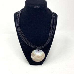 Multi Strand Pendant Necklace Faux Mother of Pearl Black Beads Tropical